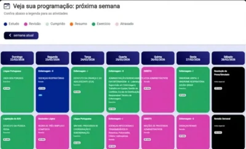 Tela do cronograma: a semana dividida em blocos de estudo, revisão e exercício