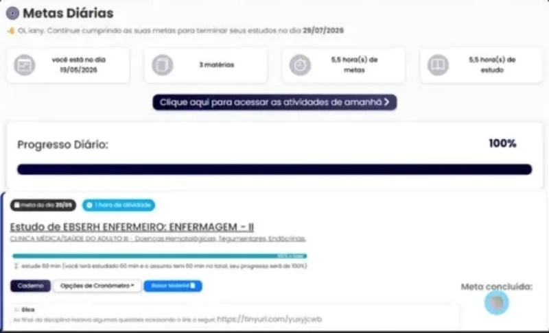 Tela das metas diárias: tarefas do dia e barra de progresso